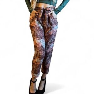 Straight leg retro boho high waist neutral tones trouser pants small tied waist